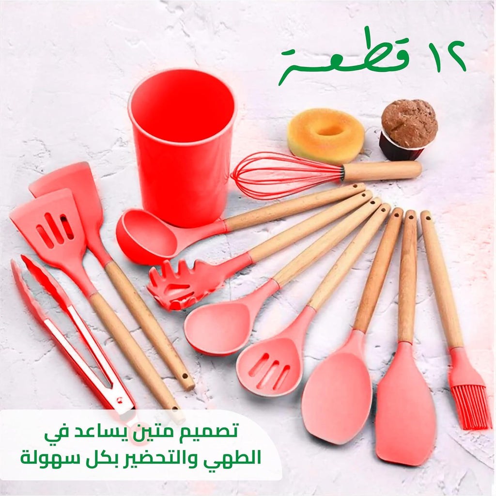 hanso Kitchen Utensils, Silicone Cooking Utensils with Holder, Non-stick Cookware Friendly & Heat Resistant, Includes Spatula Tong Whisk Ladle Brush Slotted Turner Spoon (Red) - image 5