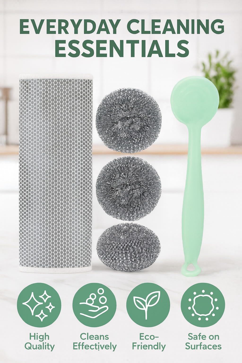Dish Scrubber with Handle, Stainless Steel Scrub Sponge, Long Removable Grip Cleaning Brush for Pots, Pans, Dishes, Sinks and Stove Grates, 1 Piece (Green) - image 2