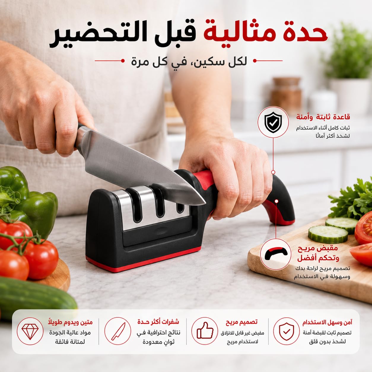 Knife Sharpener 3-in-1, Manual Stainless Steel Sharpening Tool for Kitchen Knives and Scissors with Non-Slip Ergonomic Handle, Black, H-145 - image 3