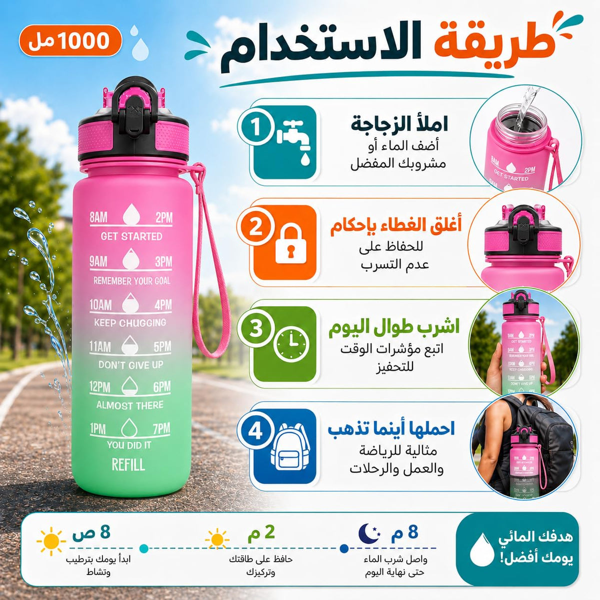 Water Bottle 1L with Time Markings and Carry Handle, Leak-Resistant Reusable Sports Drinking Bottle for Gym, Fitness, Work, School, Travel and Outdoor Use, FL-1, Pink & Green - image 5