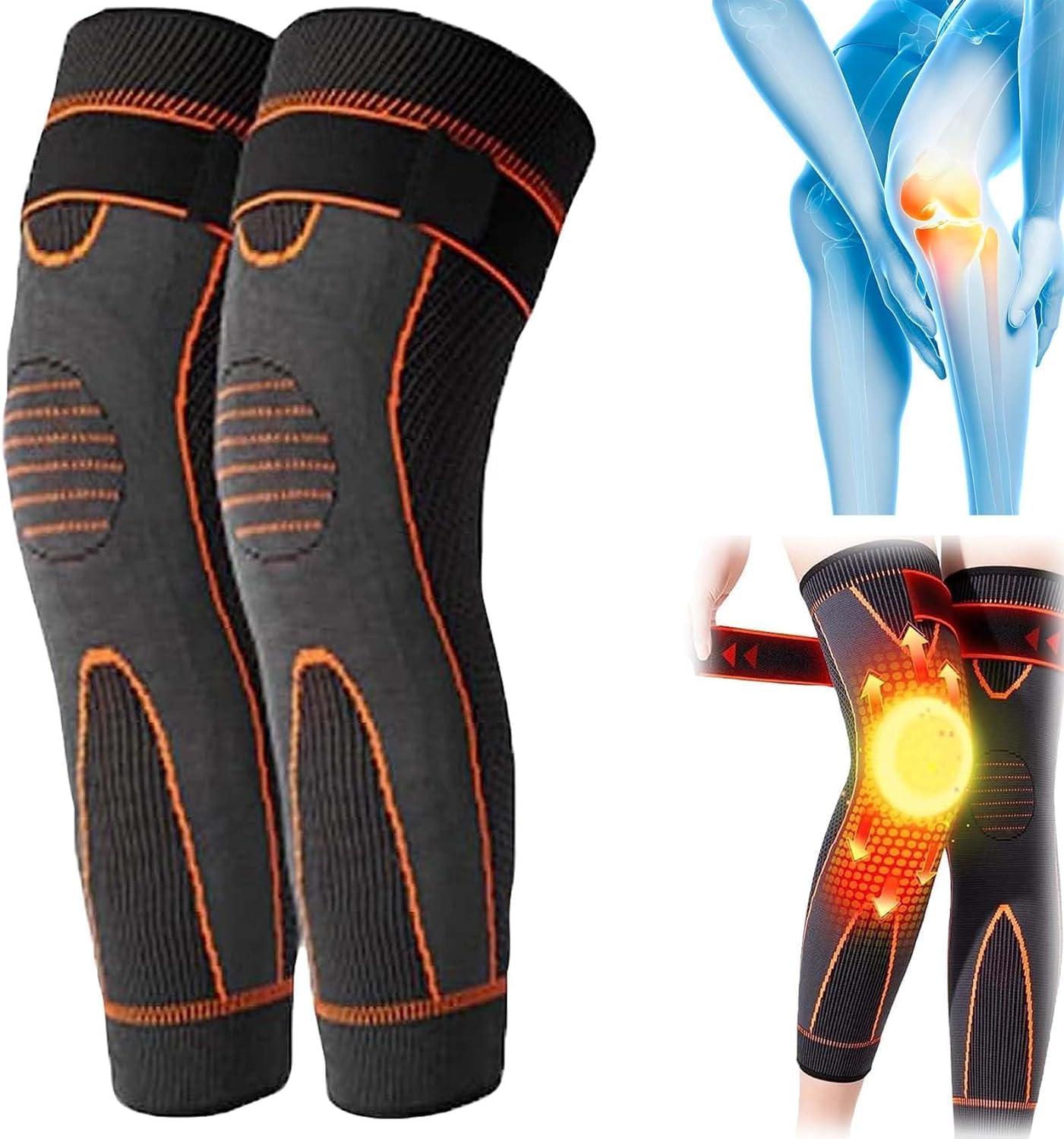 Knee Compression Sleeve 2 Pcs, Full-Length Knee and Foot Support Brace with Fixing Tape, Self-Warming Leg Sleeves for Walking, Standing and Light Activity - image 3