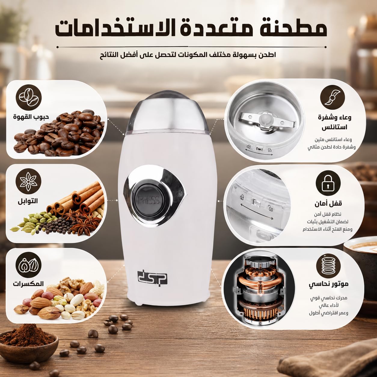 Electric Coffee Grinder 200W, Stainless Steel Bowl and Blades with Pure Copper Motor and Safety Lid Lock for Coffee Beans, Spices, Nuts and Seeds, KA3002 (White) - image 2