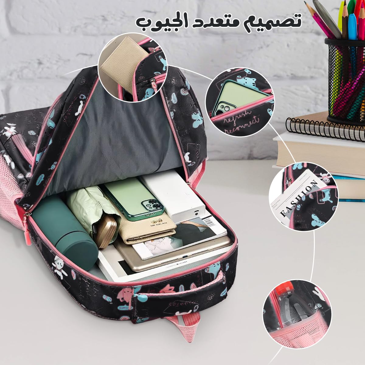 School Bag - Lightweight School Backpack for Kids & Girls, Multi Pocket, Large Capacity, Wear Resistant Breathable Nylon, Padded Straps, Side Bottle Pockets (Black) - image 3