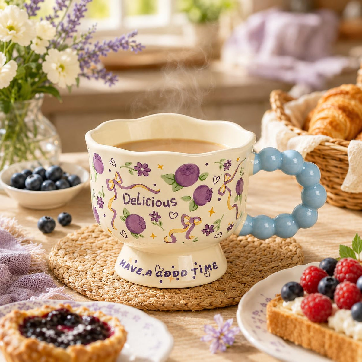 Ceramic Mug 340 ml for Coffee and Tea, Decorative Glazed Cup with Scalloped Rim, Beaded Handle and Stable Pedestal Base for Hot Drinks, TT-2533, Berry - image 6