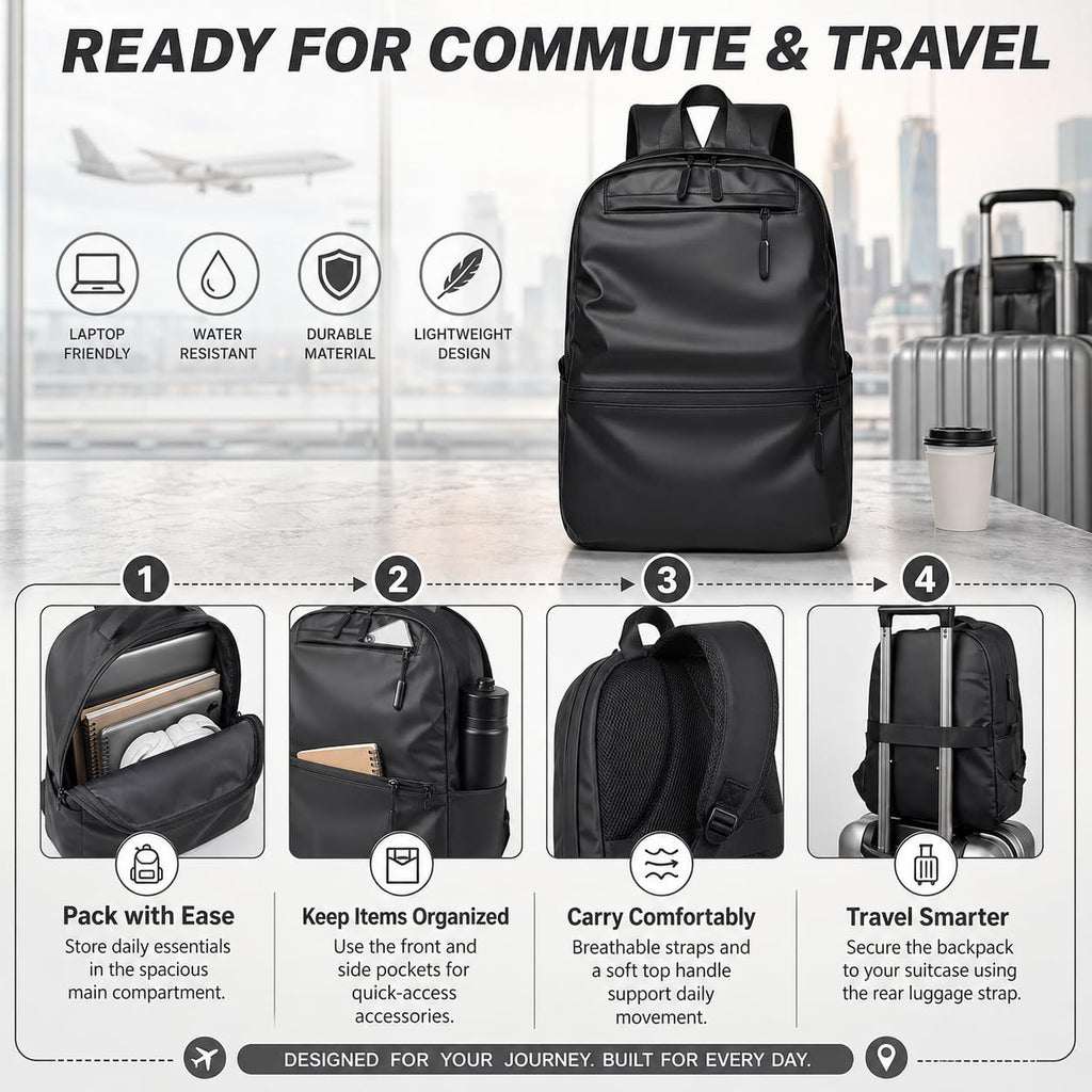 Laptop Backpack 15L with USB Charging Port, Lightweight Water-Resistant Nylon Travel Bag with Multiple Pockets, Adjustable Breathable Straps for Work and Daily Use, Black - image 5