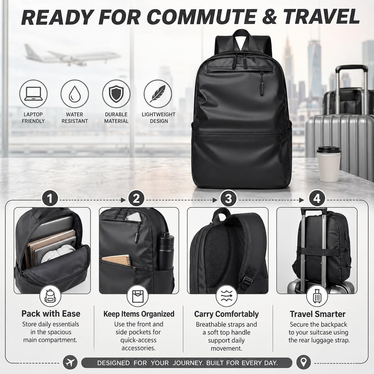 Laptop Backpack 15L with USB Charging Port, Lightweight Water-Resistant Nylon Travel Bag with Multiple Pockets, Adjustable Breathable Straps for Work and Daily Use, Black - image 5