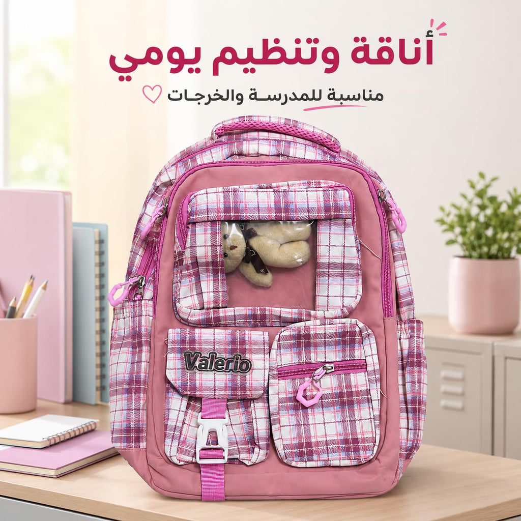 School Backpack for Nursery and Daily Use, Multi-Pocket Student Bookbag for Day Trips, Activities and Everyday Essentials, Plaid (Pink) - image 7