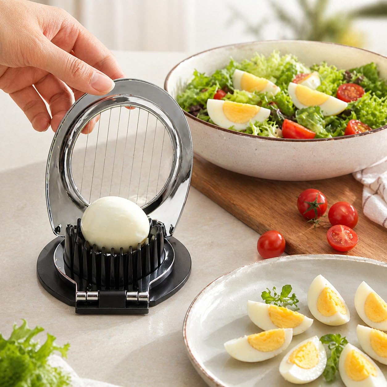 Egg Slicer 2 in 1, Stainless Steel Wire Egg Cutter with Dual Slicing Styles, Heavy Duty Kitchen Tool for Hard Boiled Eggs, Mushrooms, Soft Vegetables and Fruits (Black and Silver) - image 7