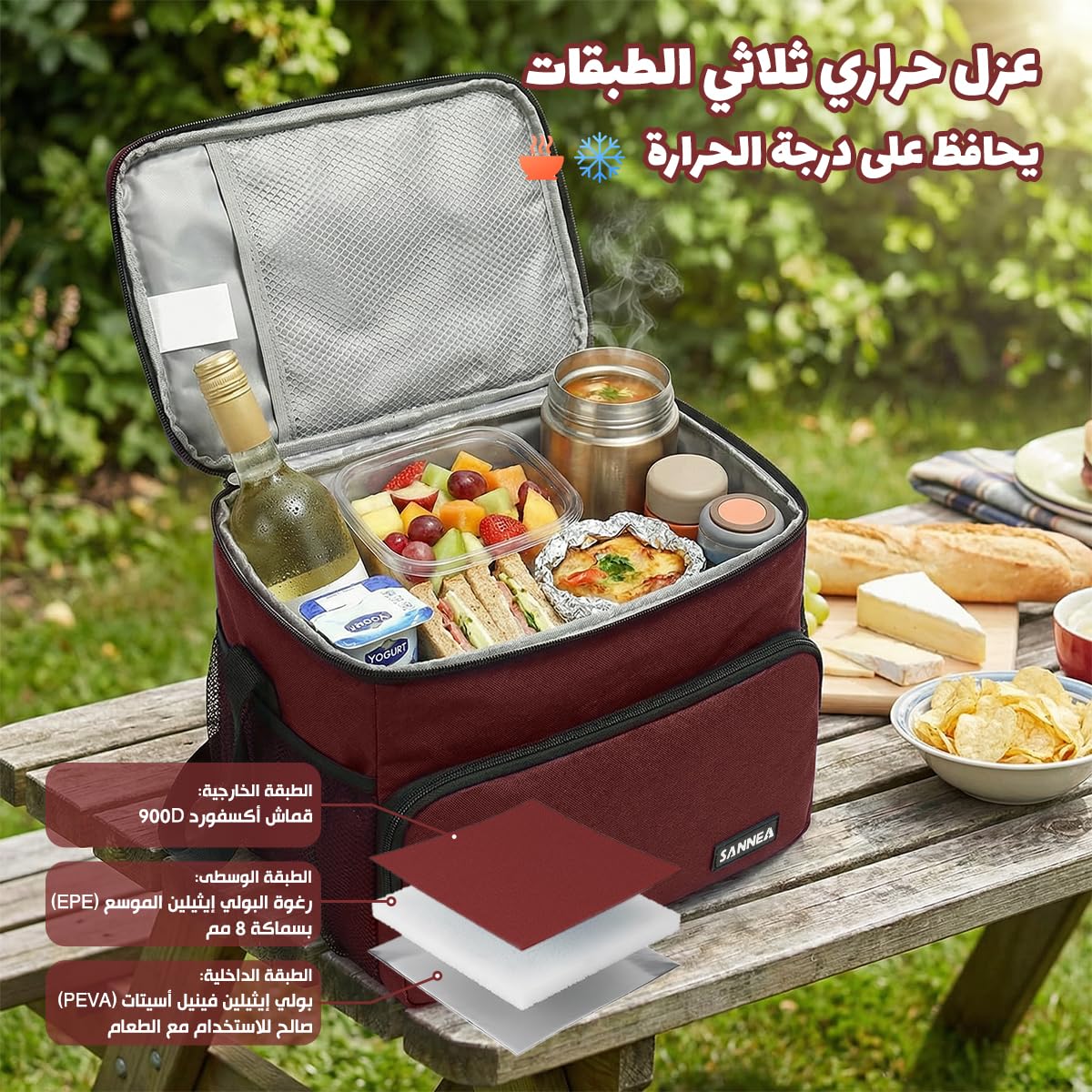 Lunch Bag 12 L, Insulated Thermal Cooler Tote, Waterproof Leakproof Food Storage for Hot and Cold Meals, Work, School, Picnic and Travel, Beach Design, BB-544 (Burgundy) - image 5