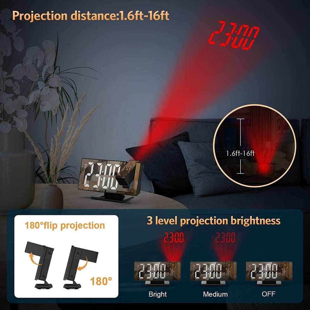 Projection Alarm Clock, Digital Clock with 180° Projector, Large LED Mirror Display, Time, Date, Temperature, 3 Brightness Levels and Snooze for Bedroom, Office and Home, White - image 4