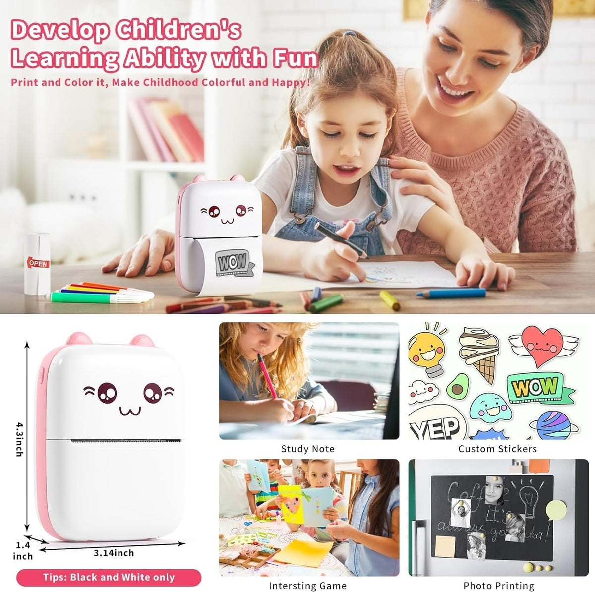 Mini Printer, Bluetooth Pocket Thermal Printer for Inkless Notes, Labels, Stickers, Photos, Study and Office Organisation, Portable Wireless Design (Pink) - image 5