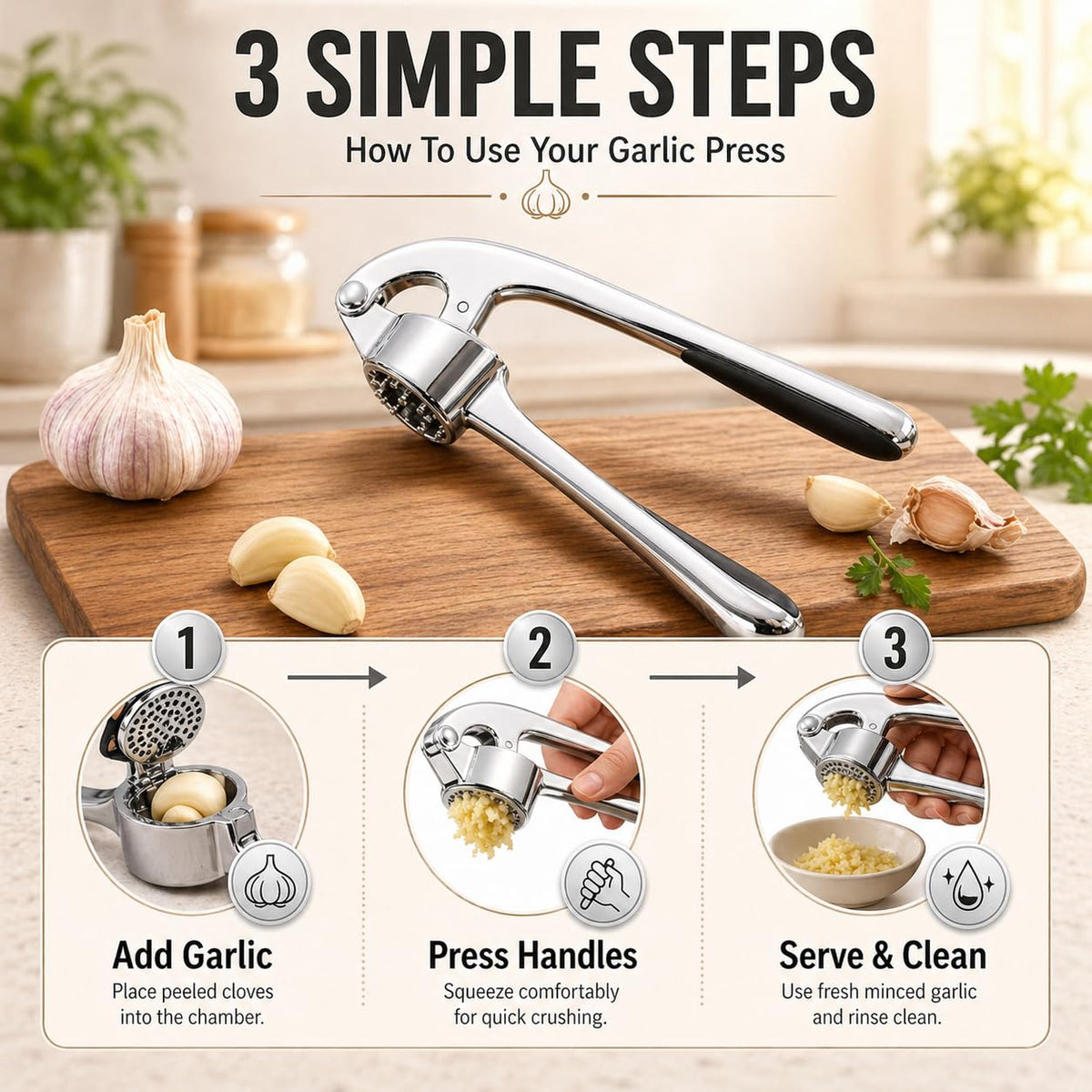 Garlic Press, Stainless Steel Manual Garlic Crusher and Mincer with Ergonomic Handle, Easy-Clean Kitchen Tool for Garlic Cloves, XD-81 - image 5