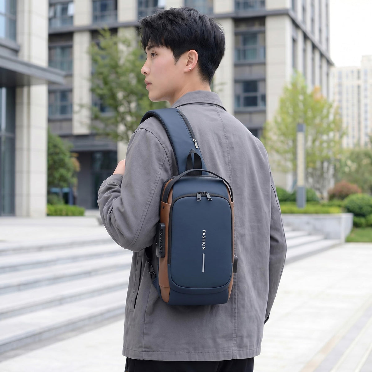 Crossbody Sling Bag for Men and Women, Chest and Shoulder Bag with Combination Lock, USB Access Port, Multiple Pockets, Adjustable Strap and Water-Resistant Exterior (Blue & Brown) - image 3