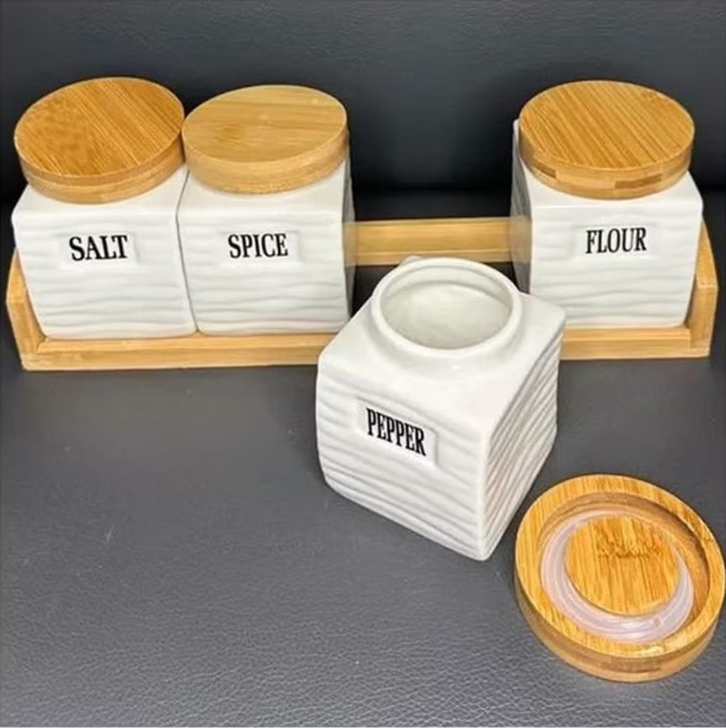 Ceramic Canister Set, 4-Piece Kitchen Storage Jars with Bamboo Lids and Base, White Containers for Sugar, Coffee, Tea, Spices and Dry Food - image 4