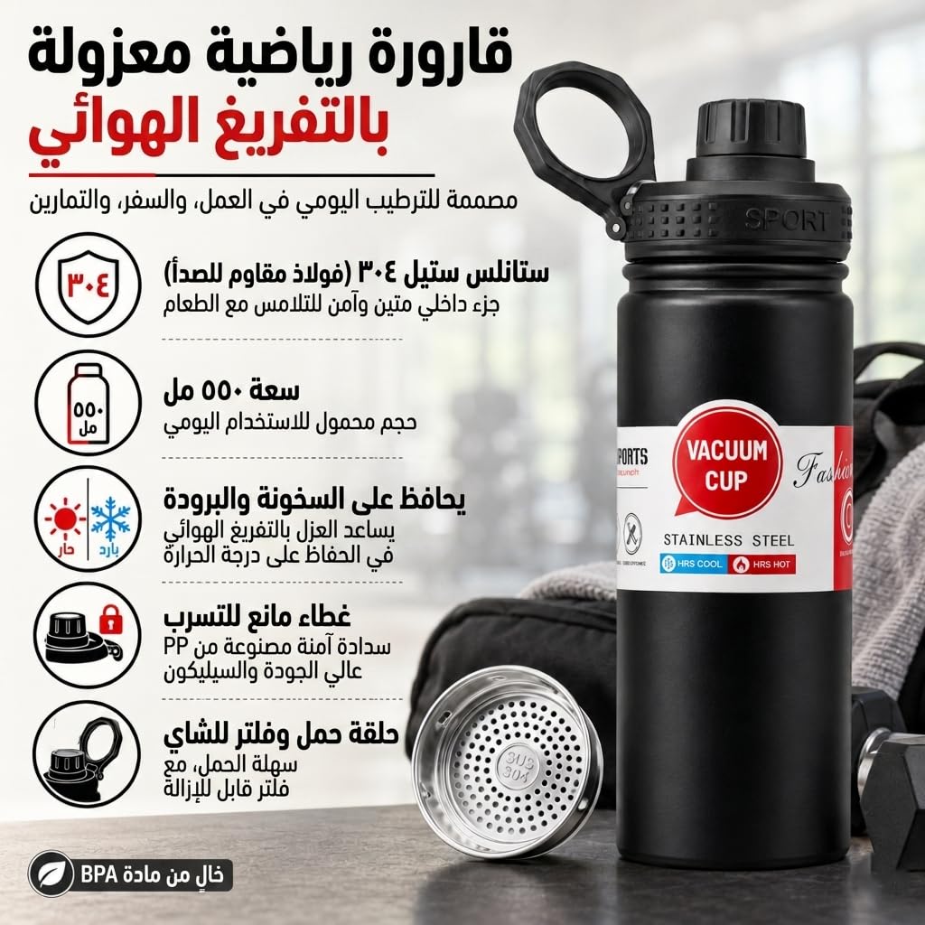 Water Bottle 550ml, 304 Stainless Steel Vacuum Insulated Flask with Leakproof Lid, BPA-Free Double Wall Sports Bottle for Hot and Cold Drinks, Gym, Travel and Office, F-742, Black - image 2