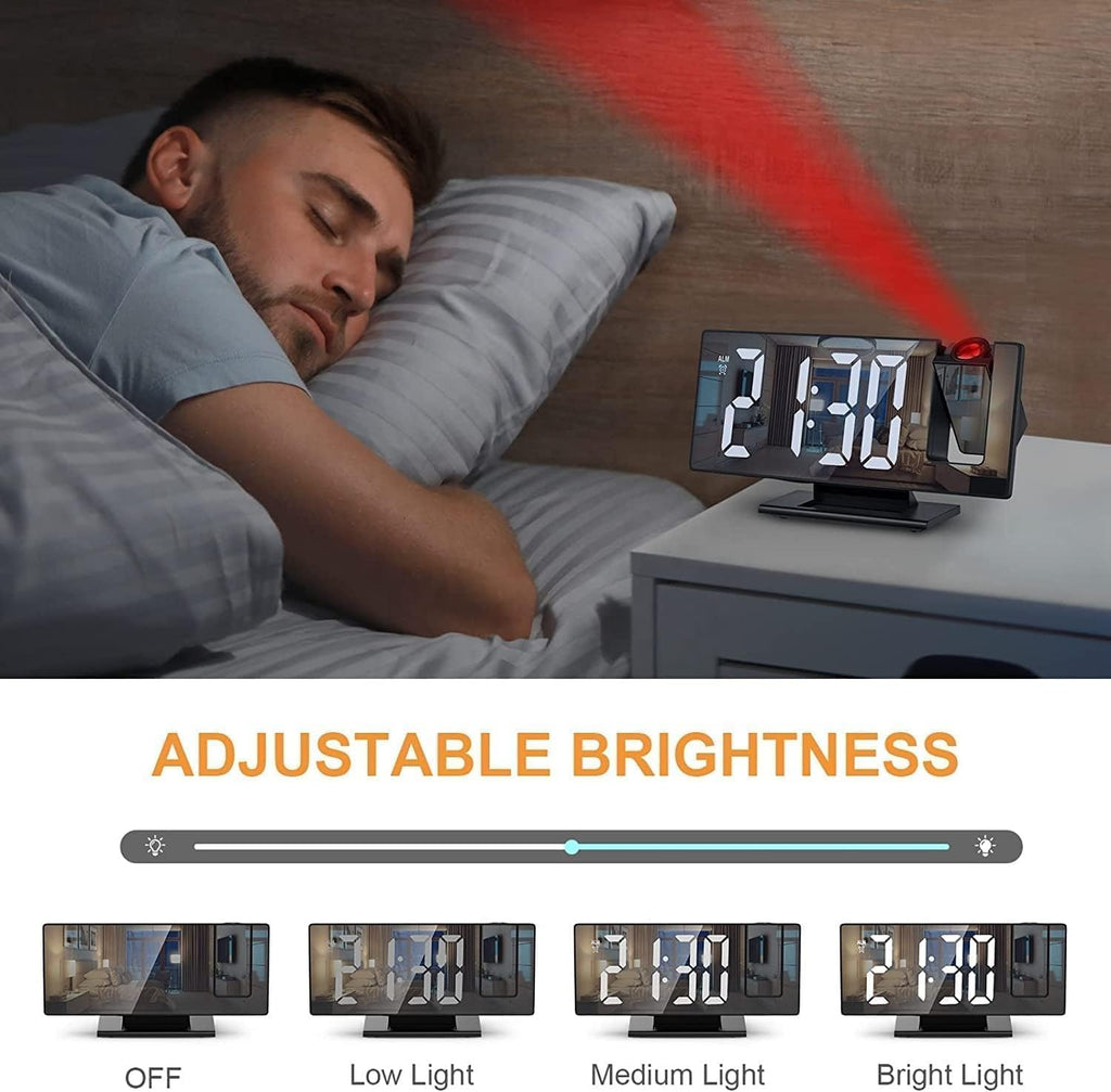 Projection Alarm Clock, Digital Clock with 180° Projector, Large LED Mirror Display, Time, Date, Temperature, 3 Brightness Levels and Snooze for Bedroom, Office and Home, White - image 5