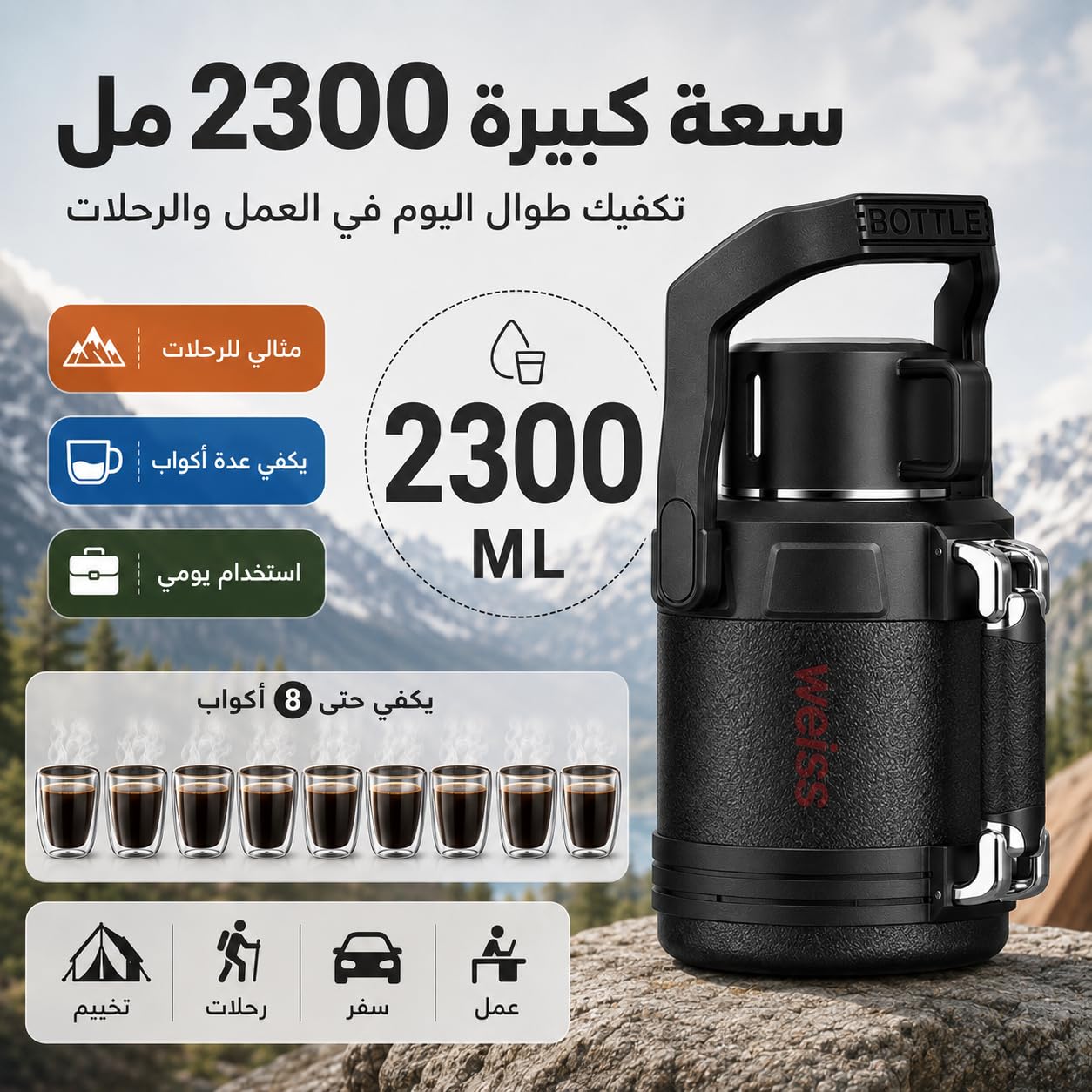 Insulated Water Bottle 2.3L, 316 Stainless Steel Vacuum Flask for Hot and Cold Drinks, Large-Capacity Thermal Bottle for Camping, Office, Travel and Home, F-1522 (Black) - image 3