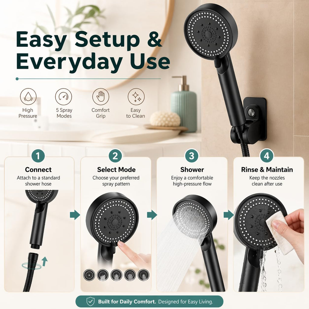 Shower Head High Pressure Handheld 5 Spray Modes Adjustable Settings Bathroom Hand Sprayer for Customised Water Flow and Comfort - image 5