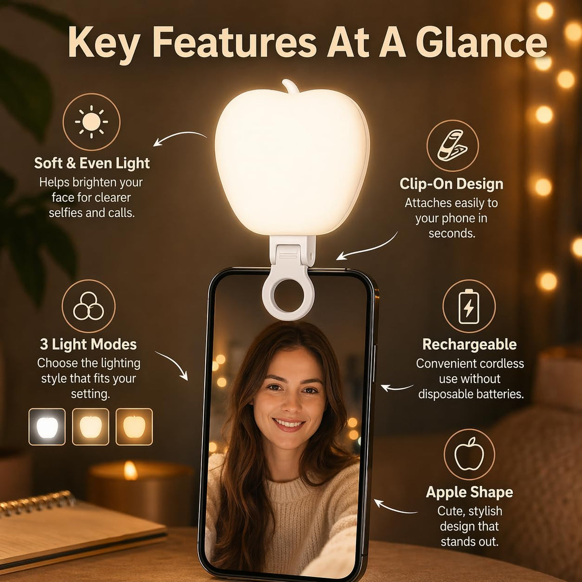 Selfie Light for Phone, Rechargeable Clip-On LED Video Light with 3 Brightness Modes and Adjustable 3000K-6500K Color Temperature for Photos, Makeup, Video Calls and Live Streaming, K03 - image 2
