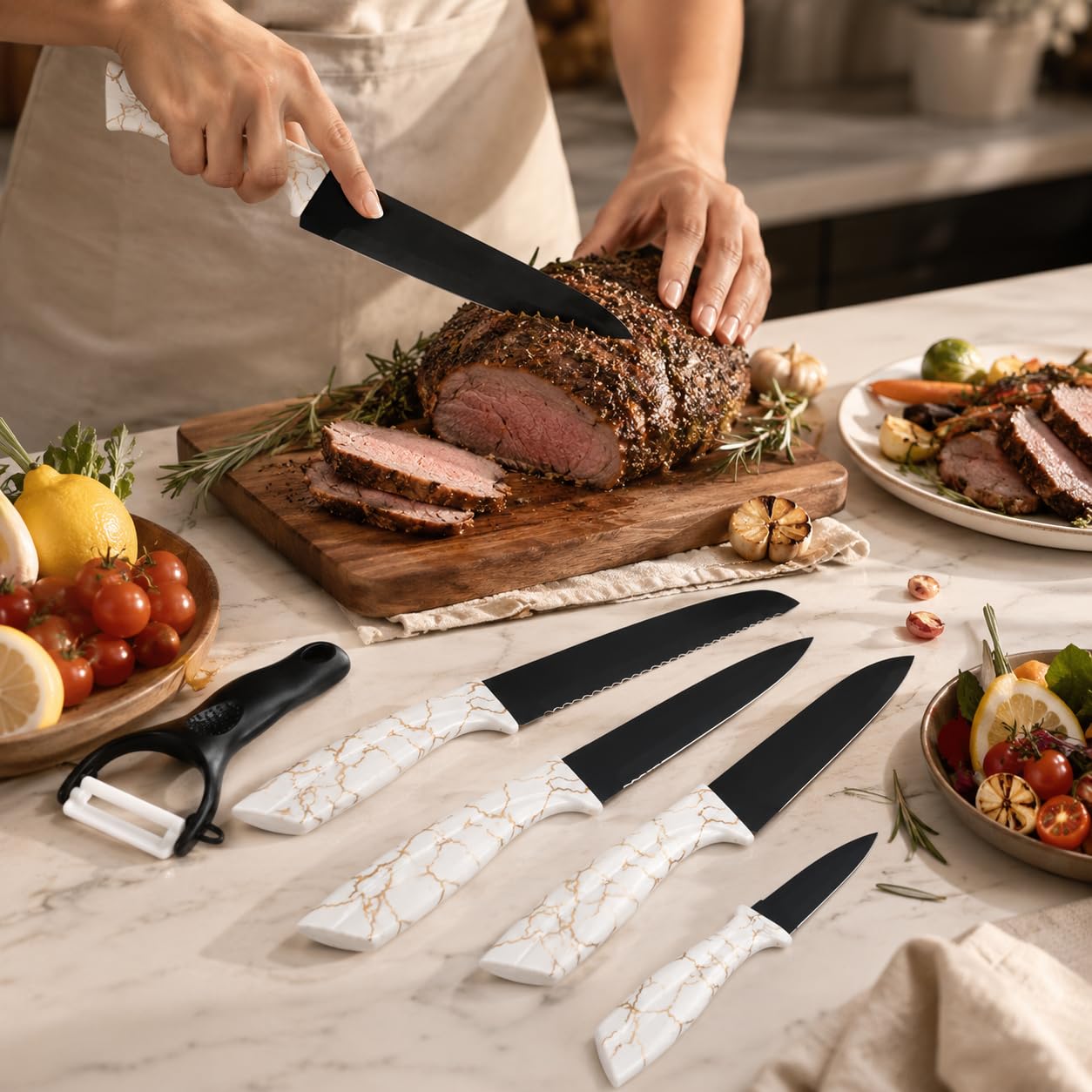 Kitchen Knife Set 6 Pieces, Marble Coated Non-Stick Steel Knives with ABS Handles, Chef, Bread, Slicing, Multipurpose and Paring Knives for Home Cooking, H-735 - image 7