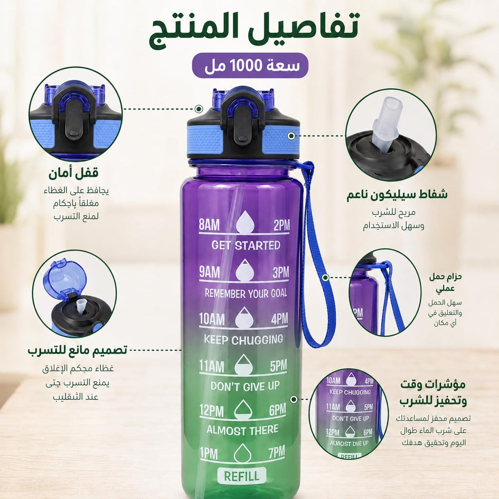 Water Bottle 1L with Time Markings and Carry Handle, Leak-Resistant Reusable Sports Bottle for Gym, Fitness, Work, School, Travel and Outdoor Use, FL-1263 (Purple & Green) - image 2