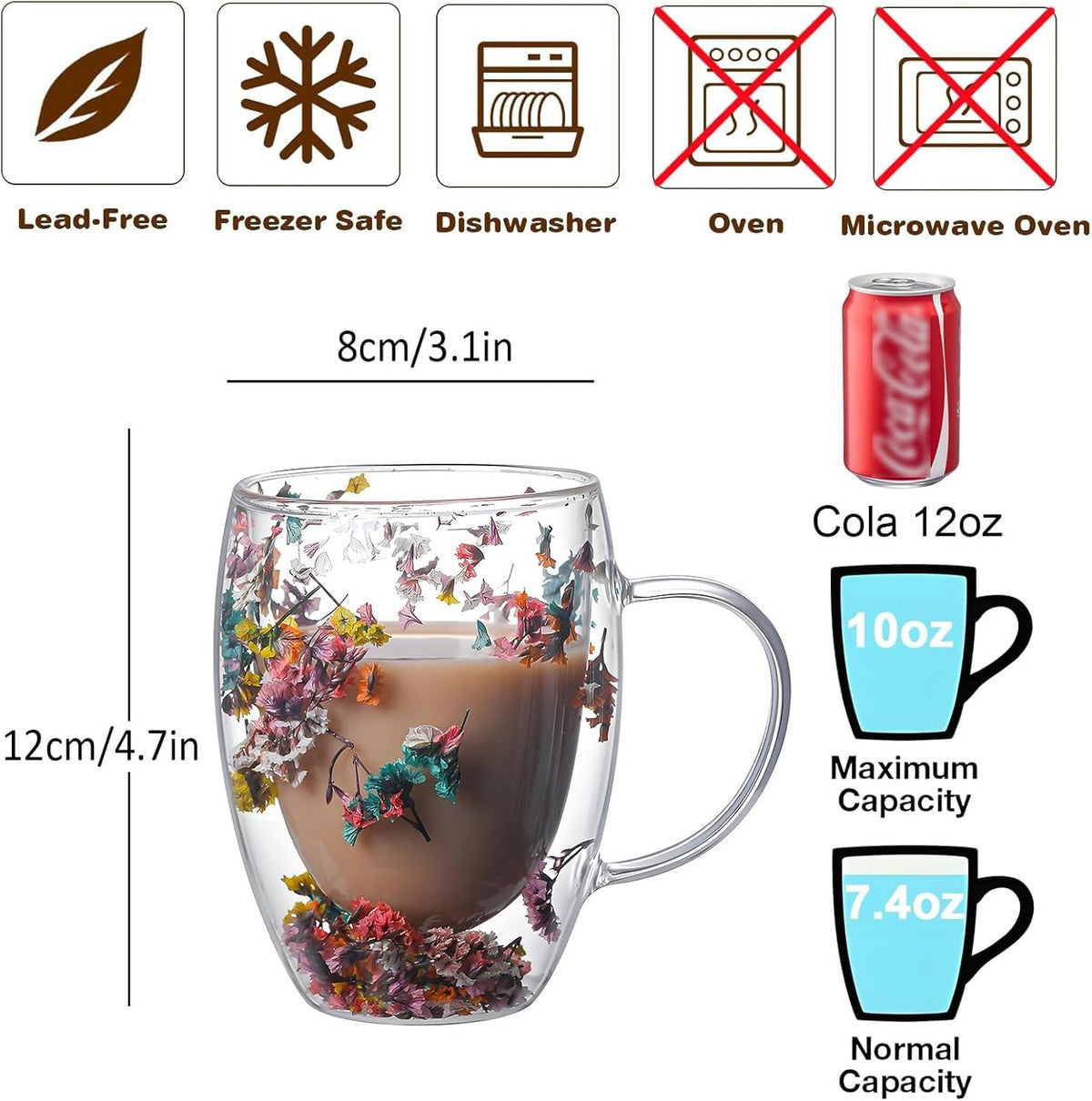 Coffee Mug 350ml, Double Wall Borosilicate Glass Cup with Handle and Dried Flower Decoration for Tea, Cappuccino, Espresso, Juice, Hot and Cold Drinks, Home and Office - image 3