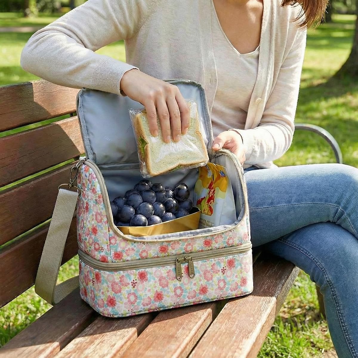 Lunch Bag 11 L, Insulated Thermal Cooler Tote, Waterproof Leak-Resistant Food Storage with Wide Opening for Work, School, Picnic and Travel, BB-549 (Pastel Floral) - image 6