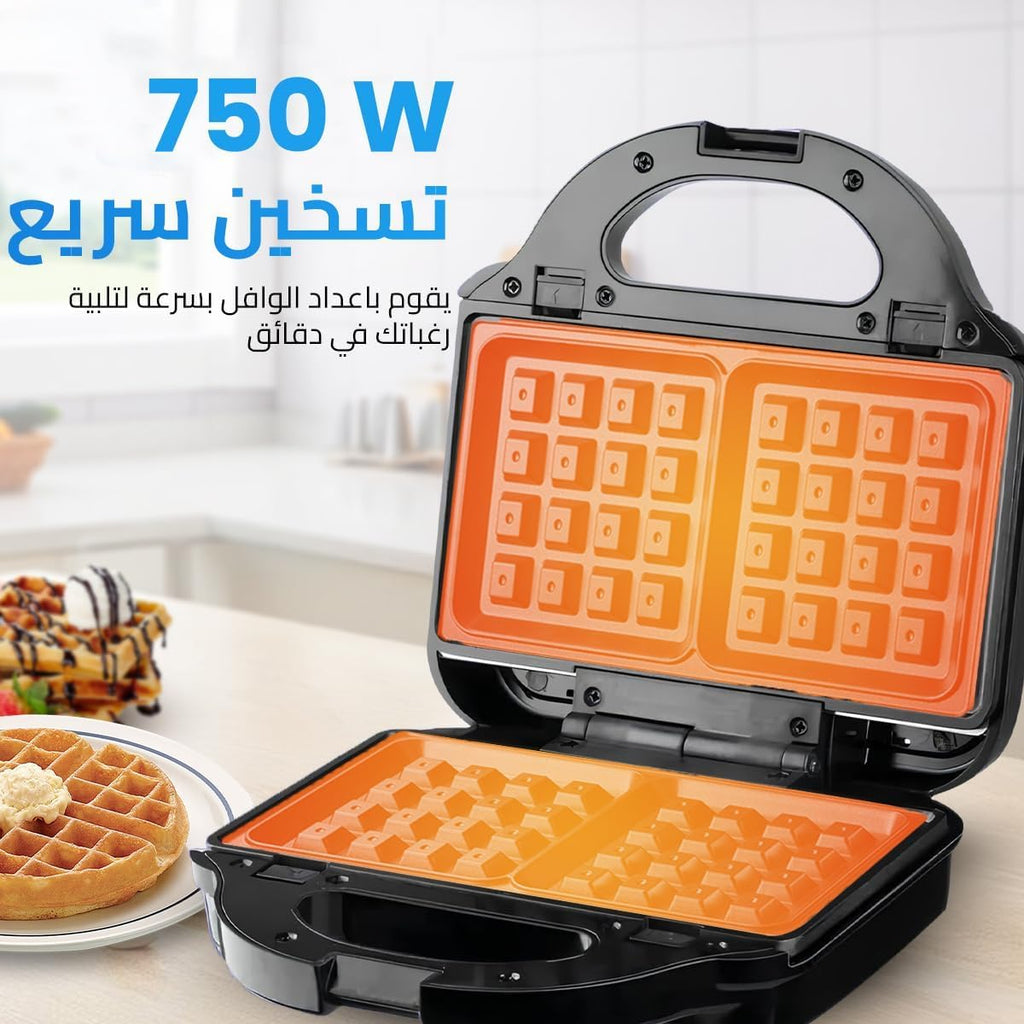 Sandwich Maker 3 in 1, 750W Waffle Maker and Grill with Interchangeable Non-Stick Plates, Cool-Touch Handle, Automatic Temperature Control, Ready Lights and Non-Slip Feet, KC1209 - image 3