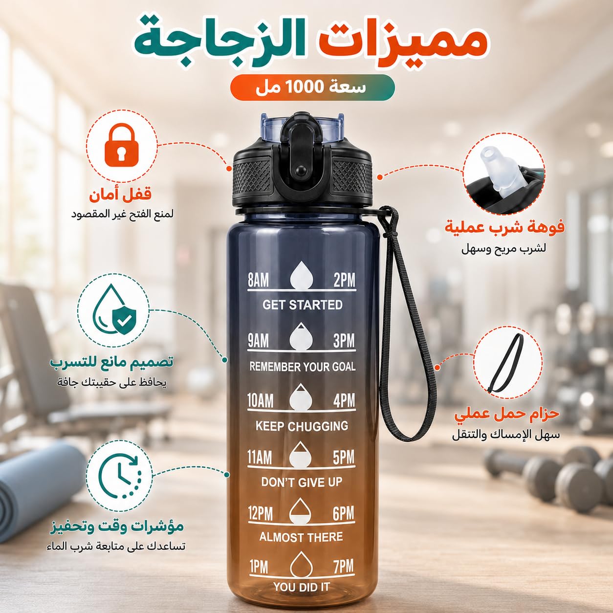 Water Bottle 1L with Time Markings and Carry Handle, Leak-Resistant Reusable Sports Bottle for Gym, Fitness, Work, School, Travel and Outdoor Use, FL-1263, Black & Orange - image 4