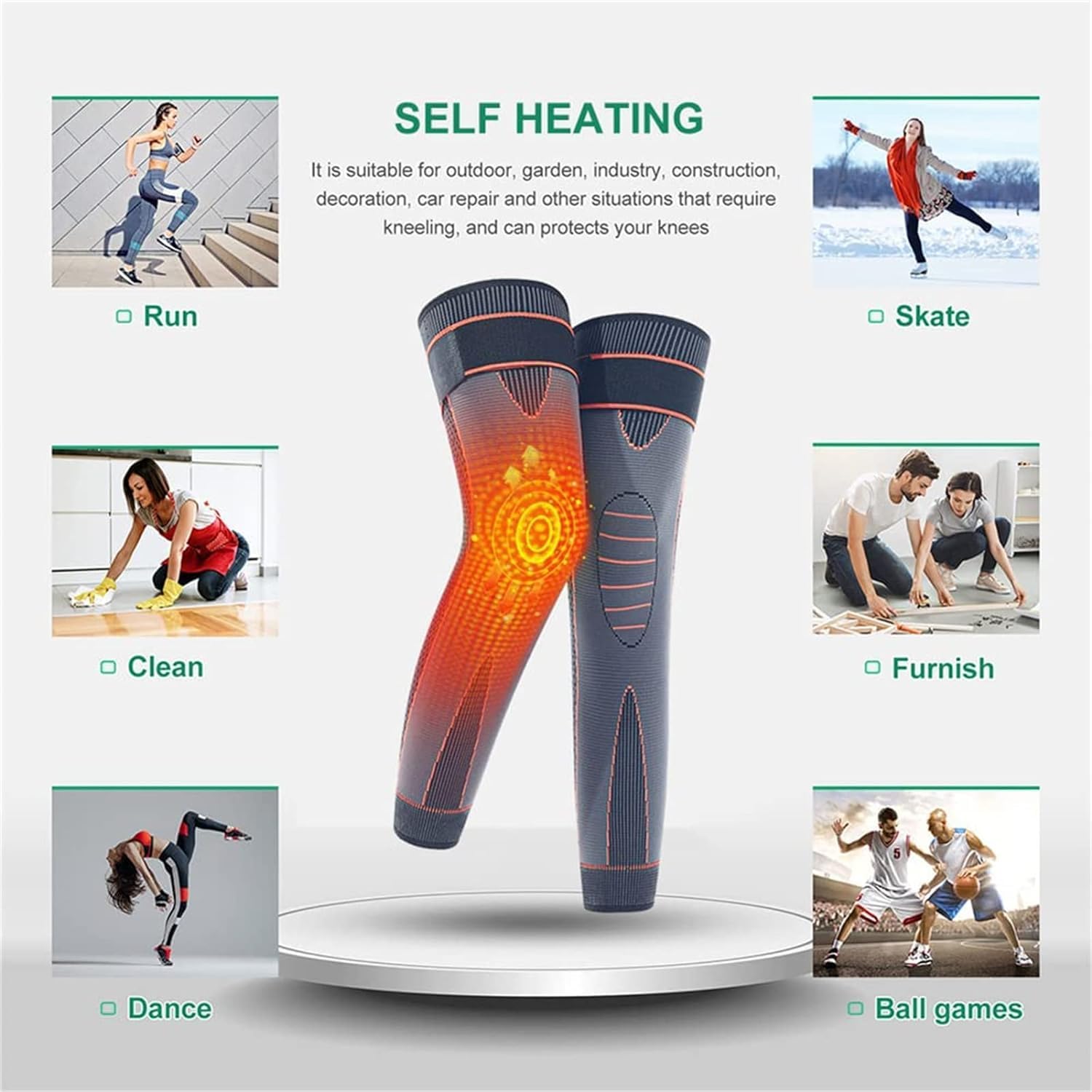 Knee Compression Sleeve 2 Pcs, Full-Length Knee and Foot Support Brace with Fixing Tape, Self-Warming Leg Sleeves for Walking, Standing and Light Activity - image 6