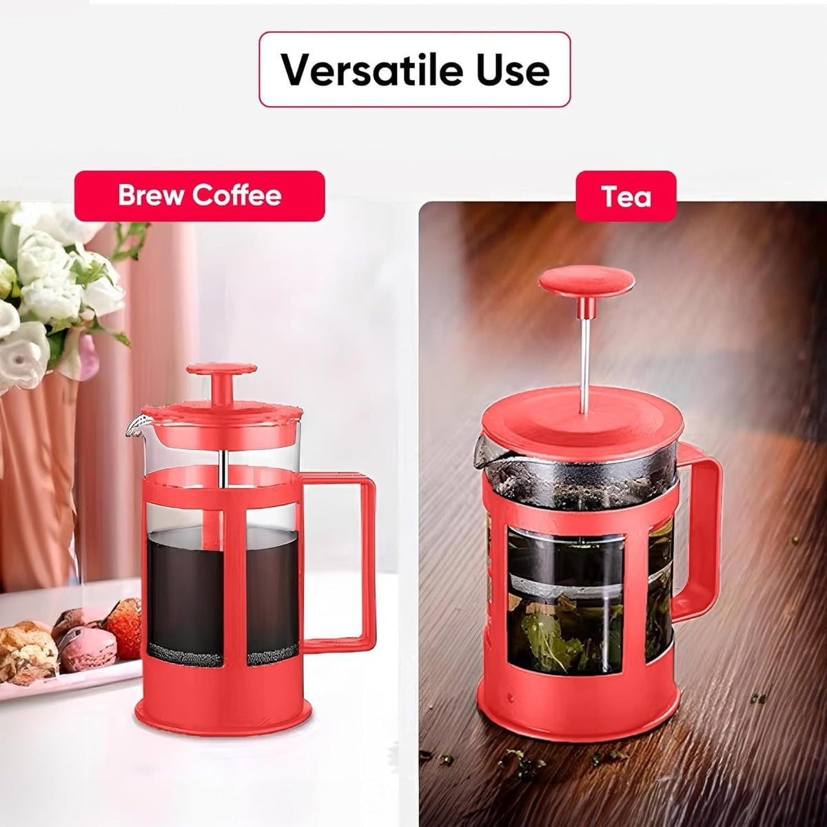French Press 350 ml, Glass Coffee and Tea Maker with Stainless Steel Filter, Heat-Resistant BPA-Free Manual Coffee Press, Easy to Clean, Red - image 5