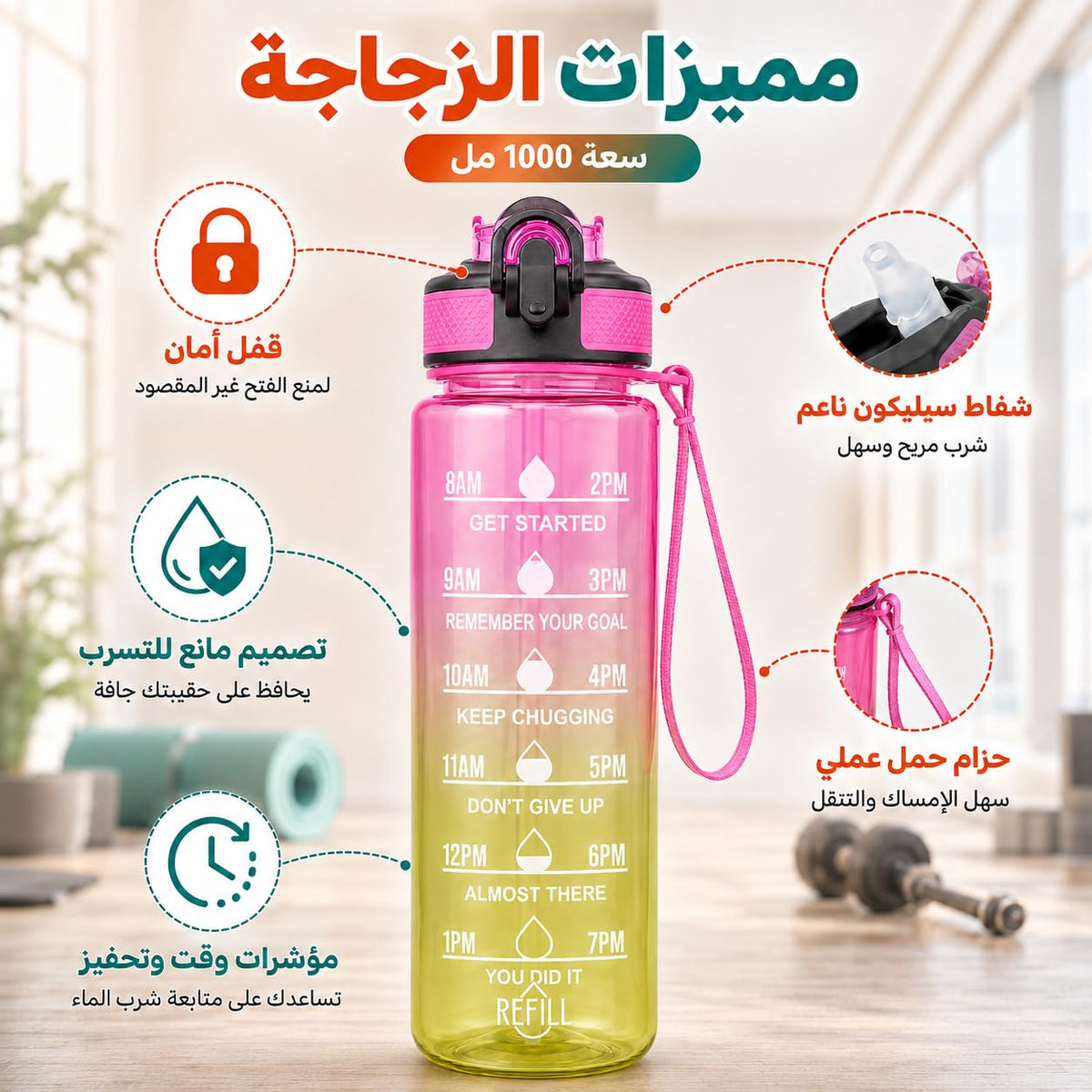 Water Bottle 1L with Time Markings and Carry Handle, Leak-Resistant Reusable Sports Bottle for Gym, Fitness, Work, School, Travel and Outdoor Use, FL-1263, Pink & Yellow - image 4