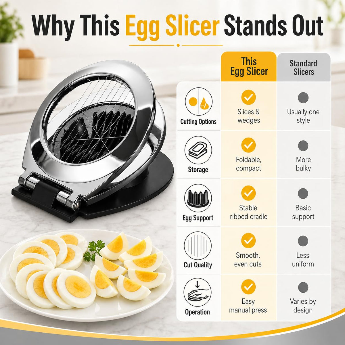 Egg Slicer 2 in 1, Stainless Steel Wire Egg Cutter for Hard-Boiled Eggs, Mushrooms and Soft Fruits, Slice and Wedge Kitchen Tool, 9 x 9 x 11 cm, XE-207 - image 4