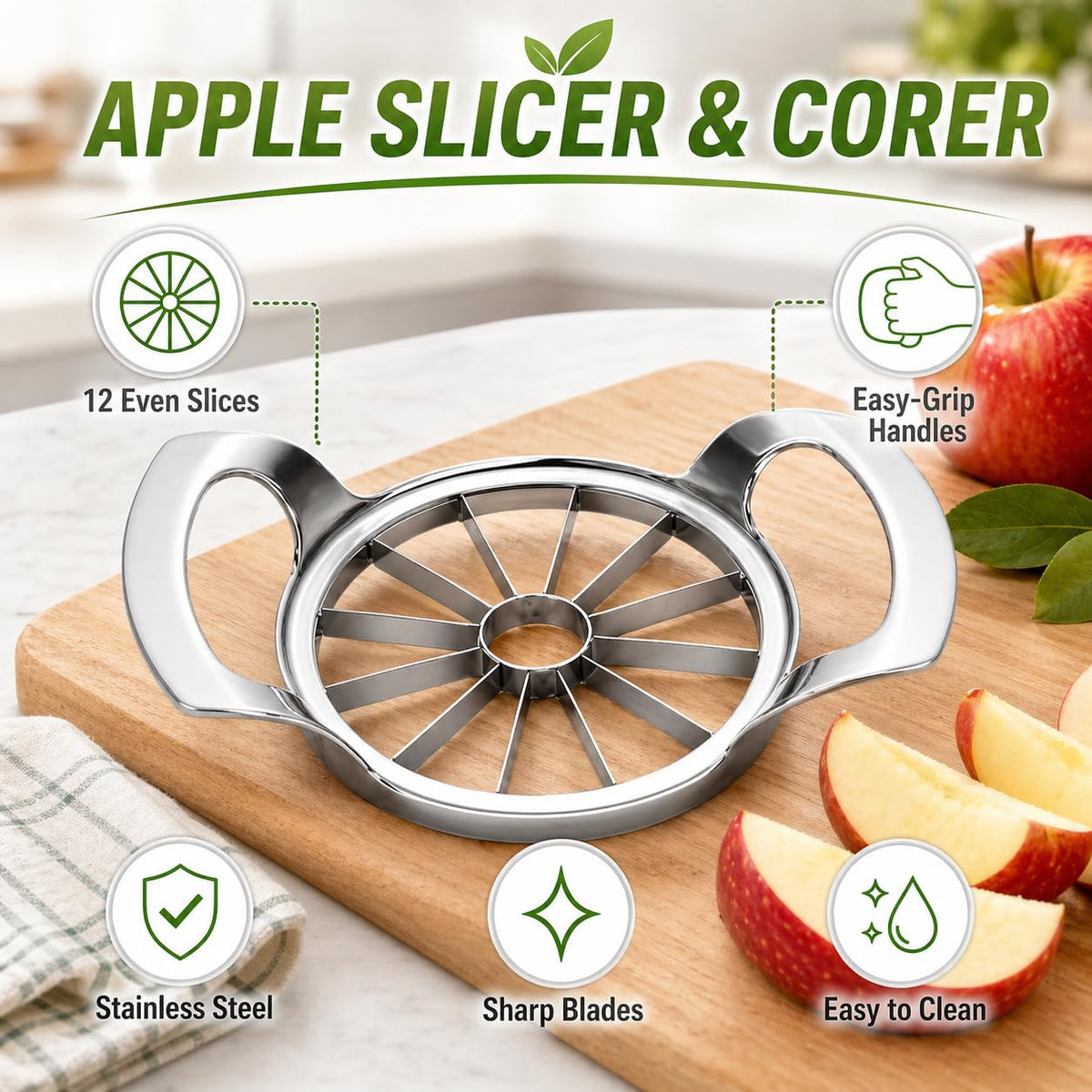 Apple Slicer and Corer, 12-Slice Stainless Steel Fruit Divider with Metal Blades and Easy-Grip Handles for Apples and Pears, Manual Kitchen Cutting Tool, XE-47 - image 2