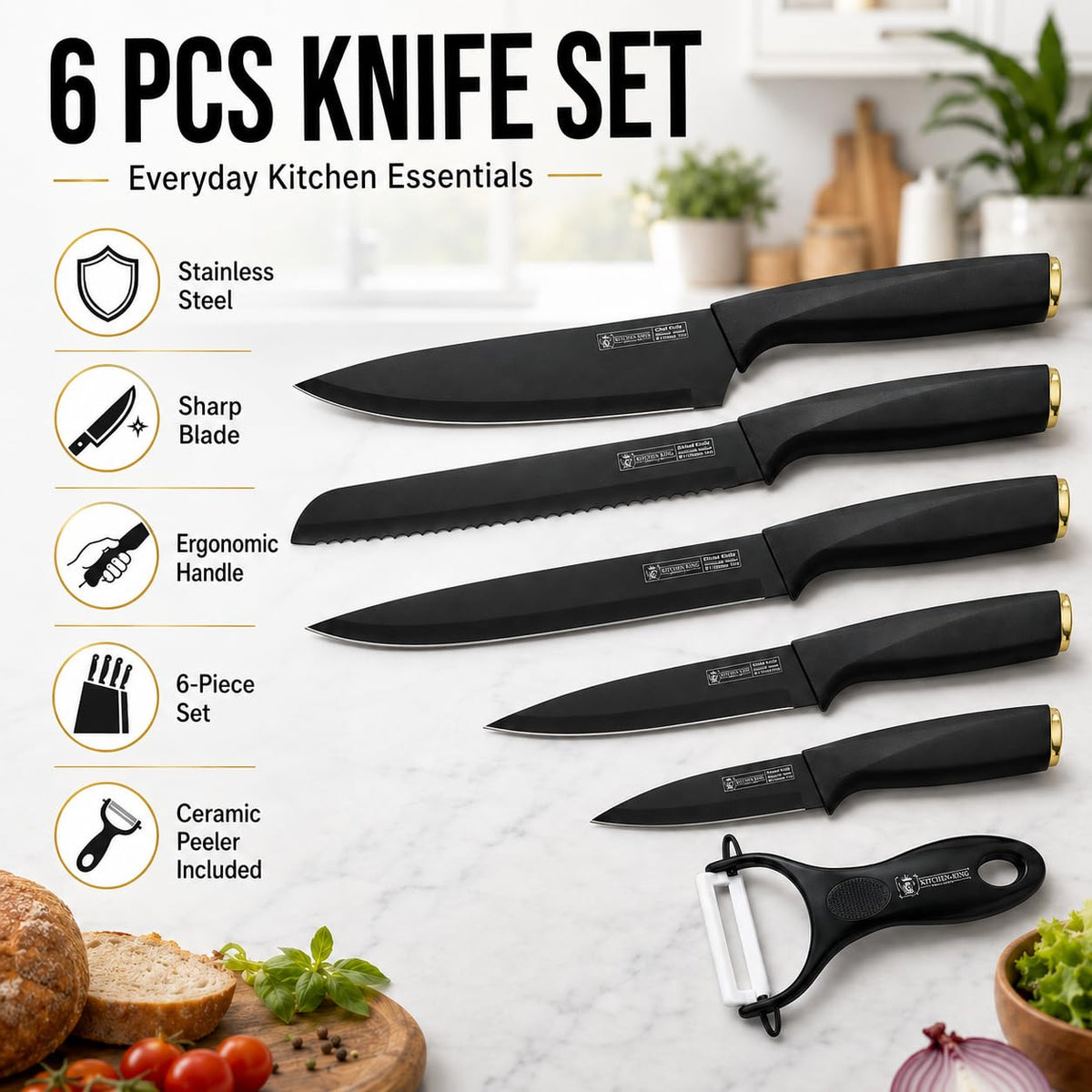 Kitchen Knife Set 6 Pieces, Non-Stick Marble-Coated Stainless Steel Knives with Chef, Bread, Slicing, Utility and Paring Blades for Food Preparation, H-736, Black - image 2