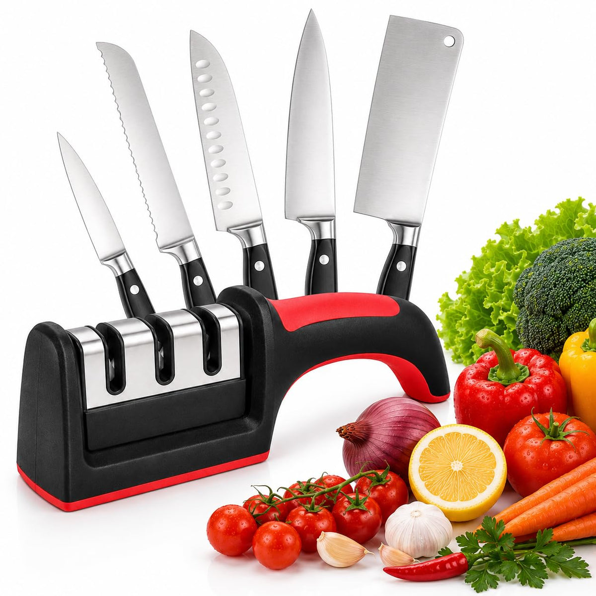 Knife Sharpener 3-in-1, Manual Stainless Steel Sharpening Tool for Kitchen Knives and Scissors with Non-Slip Ergonomic Handle, Black, H-145 - image 1