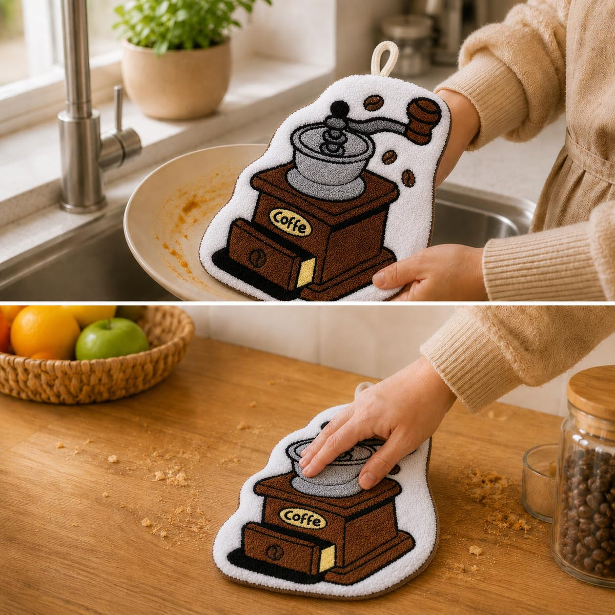 Kitchen Towel with Hanging Loop, Soft Absorbent Microfiber Hand and Dish Cloth for Drying Hands, Dishes, Countertops and Kitchen Surfaces, Reusable, J-457B, Coffee Machine - image 7