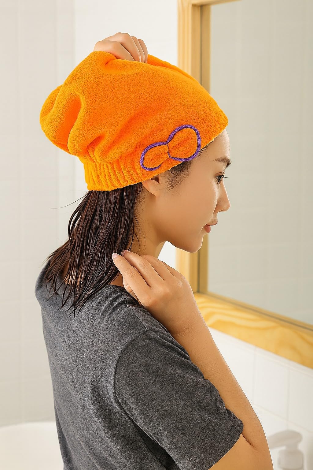 Hair Drying Towel - Microfiber Quick Dry Turban Cap for Wet & Curly Hair, Heat Protection Lightweight Soft Bath Wrap for Women & Girls Salon (Orange) - image 6