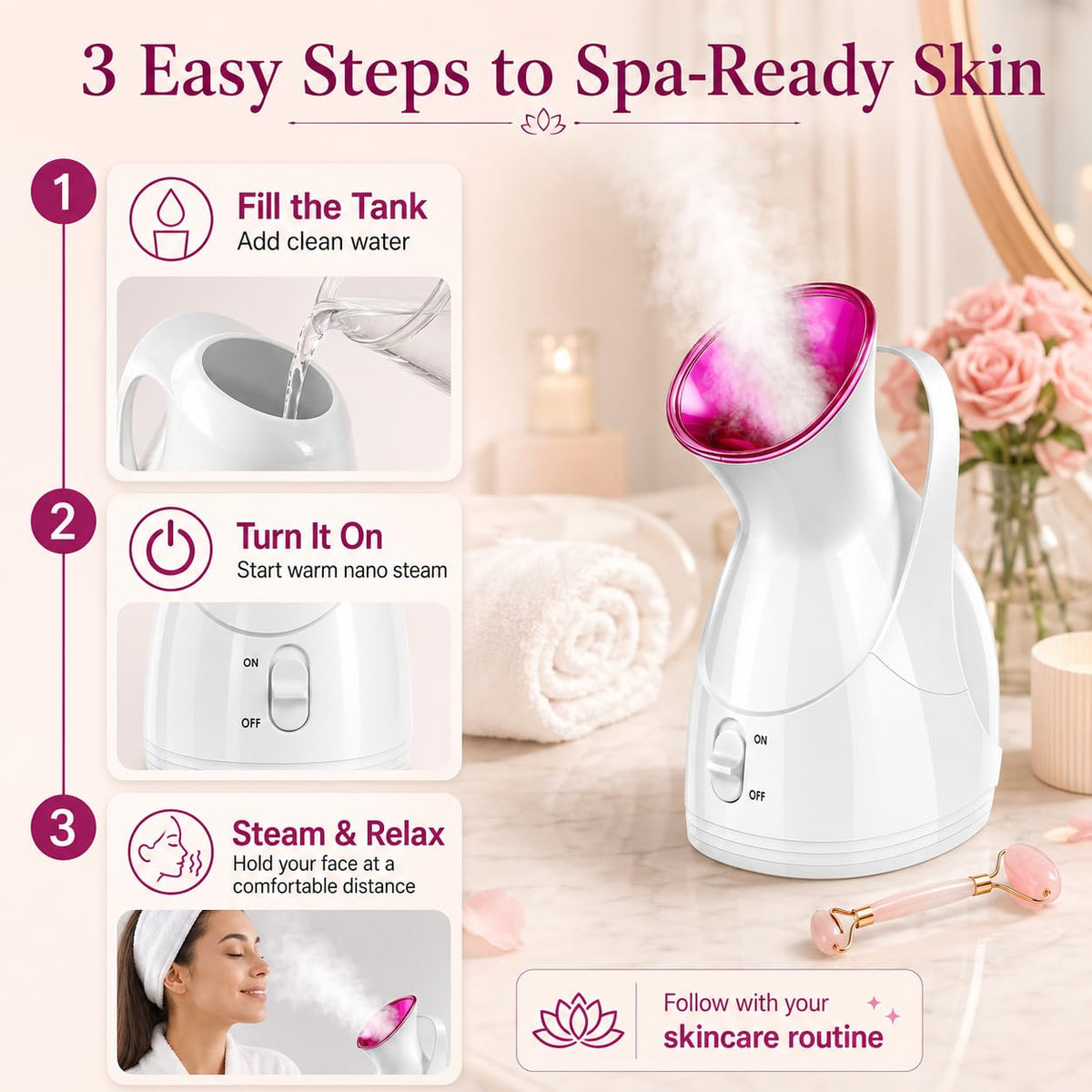 Face Steamer for Skin Care, Nano Ionic Facial Sauna Device, Warm Mist Pore Care and Moisturizing Beauty Tool for Home Spa Use, HG-608 - image 5