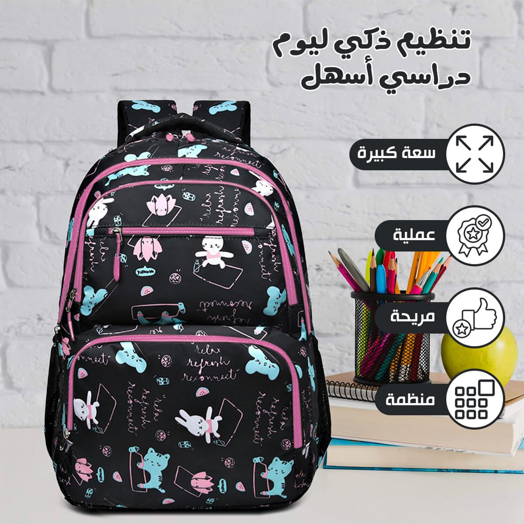 School Bag - Lightweight School Backpack for Kids & Girls, Multi Pocket, Large Capacity, Wear Resistant Breathable Nylon, Padded Straps, Side Bottle Pockets (Black) - image 2