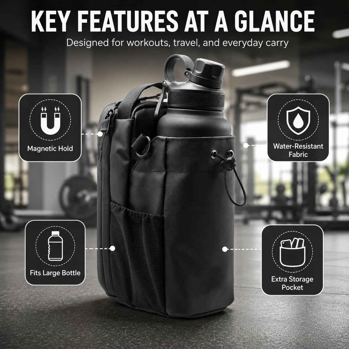 Magnetic Water Bottle Bag for Gym, Heavy-Duty Bottle Holder with Shoulder Strap, Phone and Keys Pockets, Magnetic Gym Bag for Men and Women, BB-607 - image 2