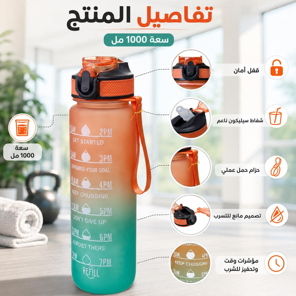 Water Bottle 1L with Time Markings and Carry Handle, Leak-Resistant Reusable Sports Drinking Bottle for Gym, Fitness, Work, School, Travel and Outdoor Use, FL-1, Orange & Blue - image 2