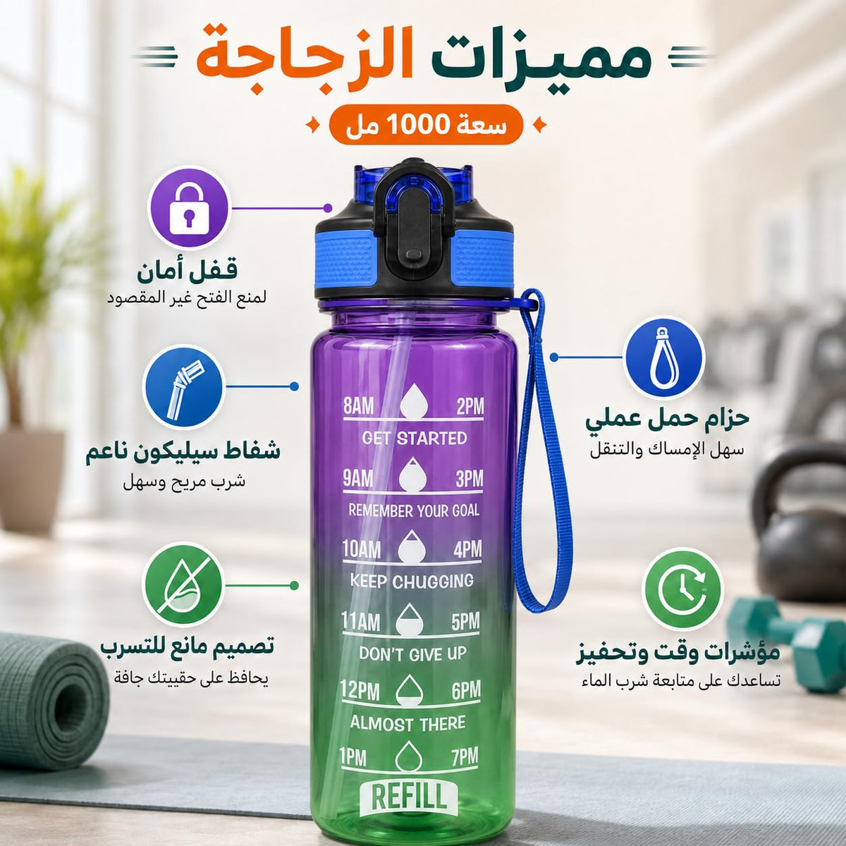 Water Bottle 1L with Time Markings and Carry Handle, Leak-Resistant Reusable Sports Bottle for Gym, Fitness, Work, School, Travel and Outdoor Use, FL-1263 (Purple & Green) - image 4