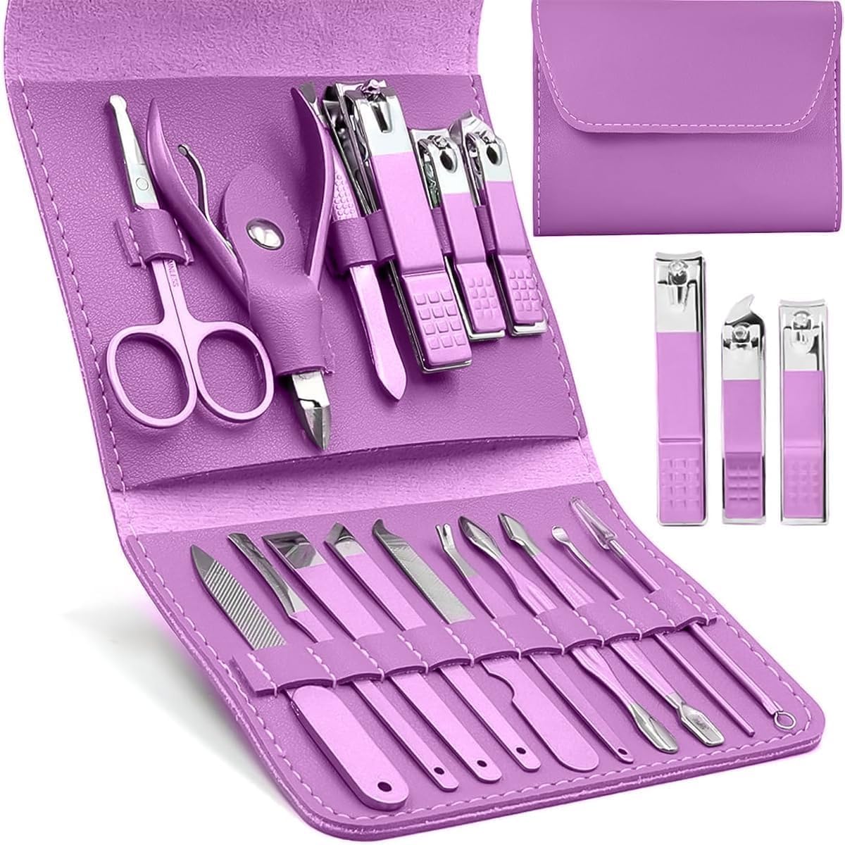 Manicure Set 16 Pieces, Stainless Steel Nail Clipper and Pedicure Kit for Fingernails, Toenails, Brows and Personal Grooming, Purple, for Men and Women (Purple) - image 1