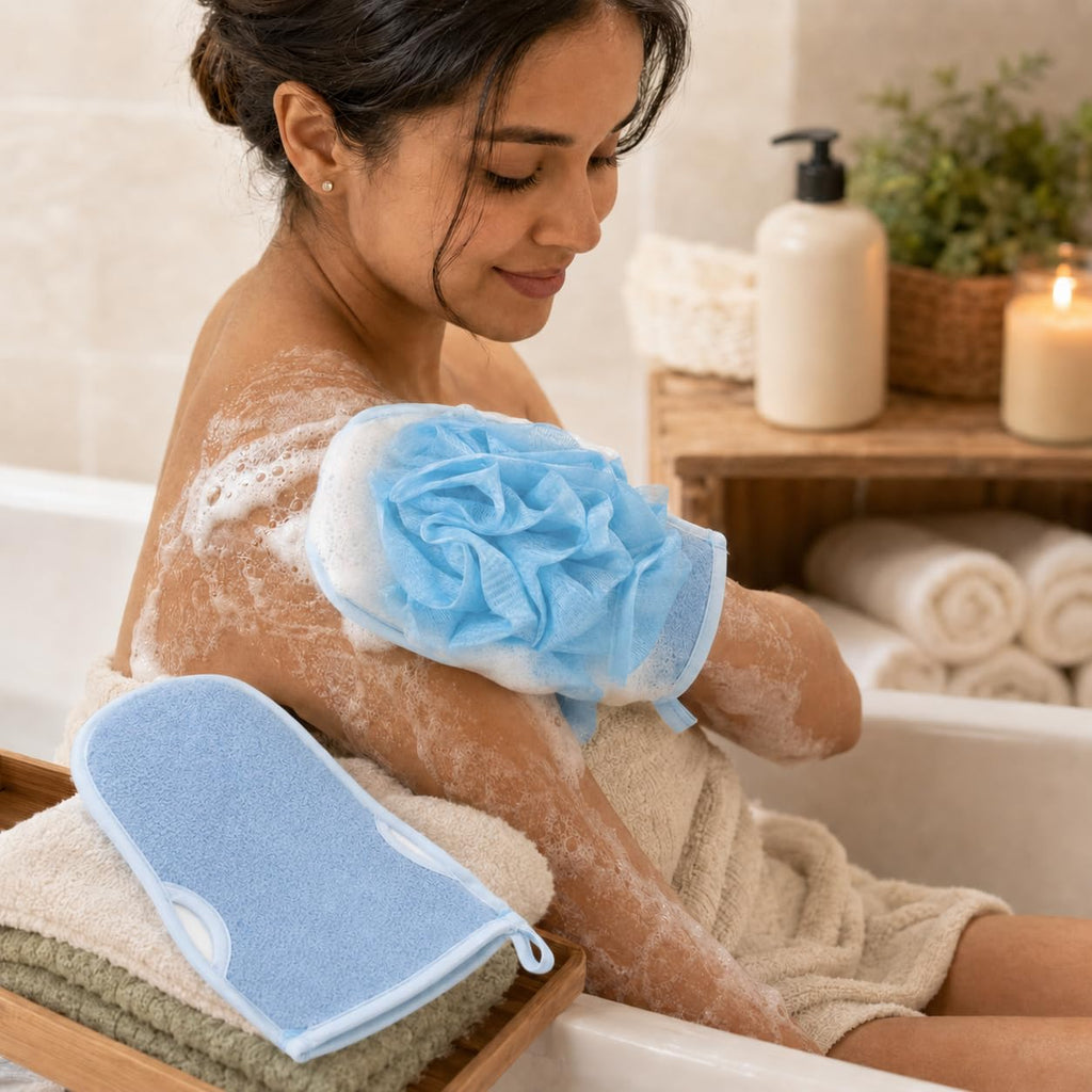 Exfoliating Shower Glove, Body Loofah Bath Mitt with Hanging Loop, Soft Scrub Wash Cloth, Quick Dry Sponge for Men and Women, B-618 (Blue) - image 6