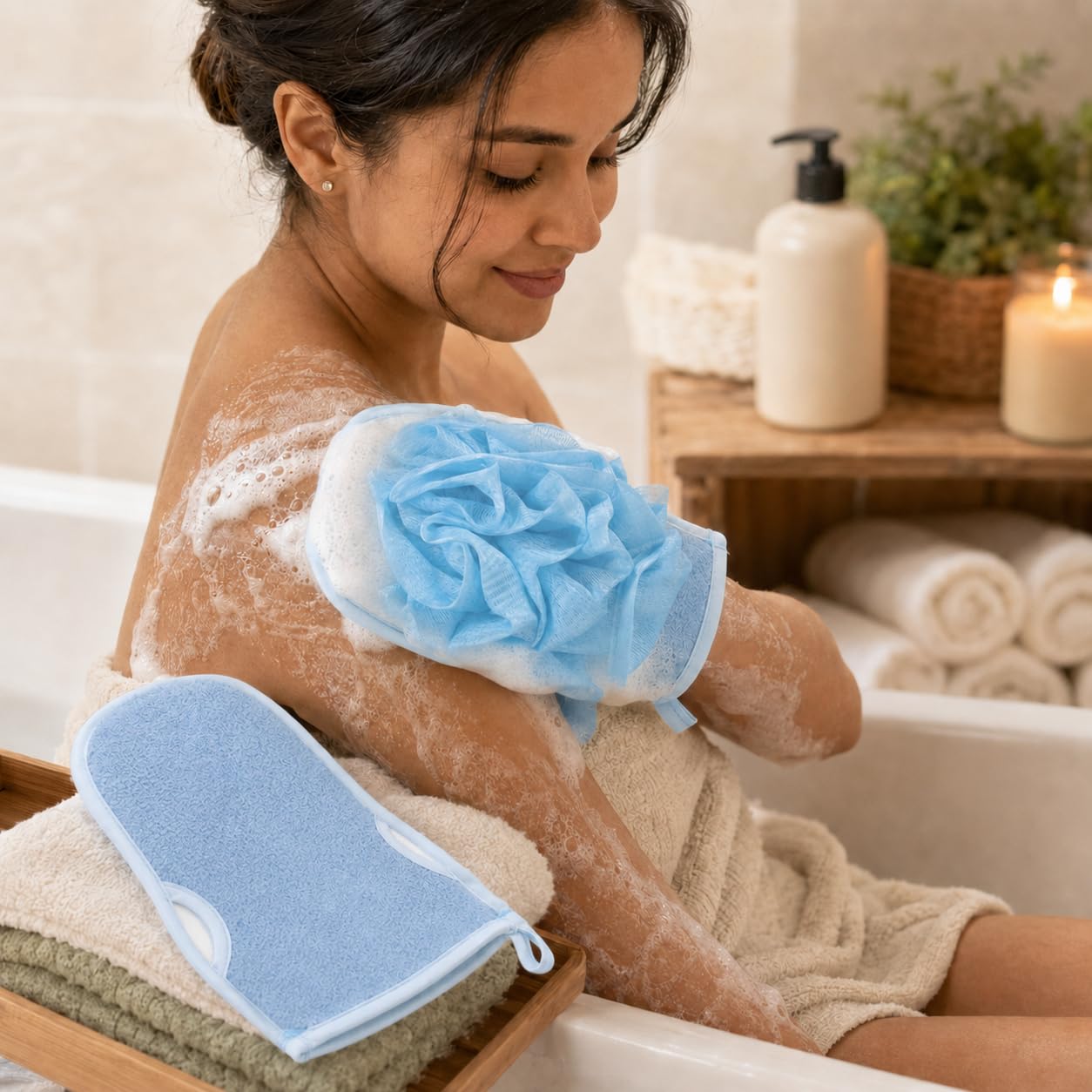 Exfoliating Shower Glove, Body Loofah Bath Mitt with Hanging Loop, Soft Scrub Wash Cloth, Quick Dry Sponge for Men and Women, B-618 (Blue) - image 6