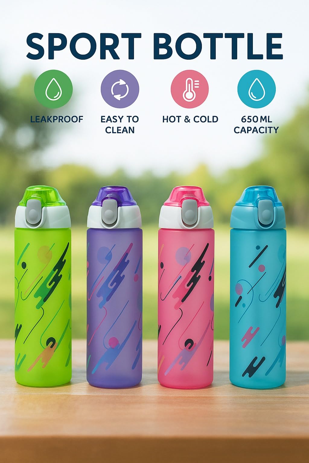 Water Bottle 650 ml, BPA-Free Leakproof Plastic Sports Bottle with Secure Lid, Reusable Motivational Drinking Bottle for Gym, School, Office, Travel and Outdoor Activities, Green - image 2