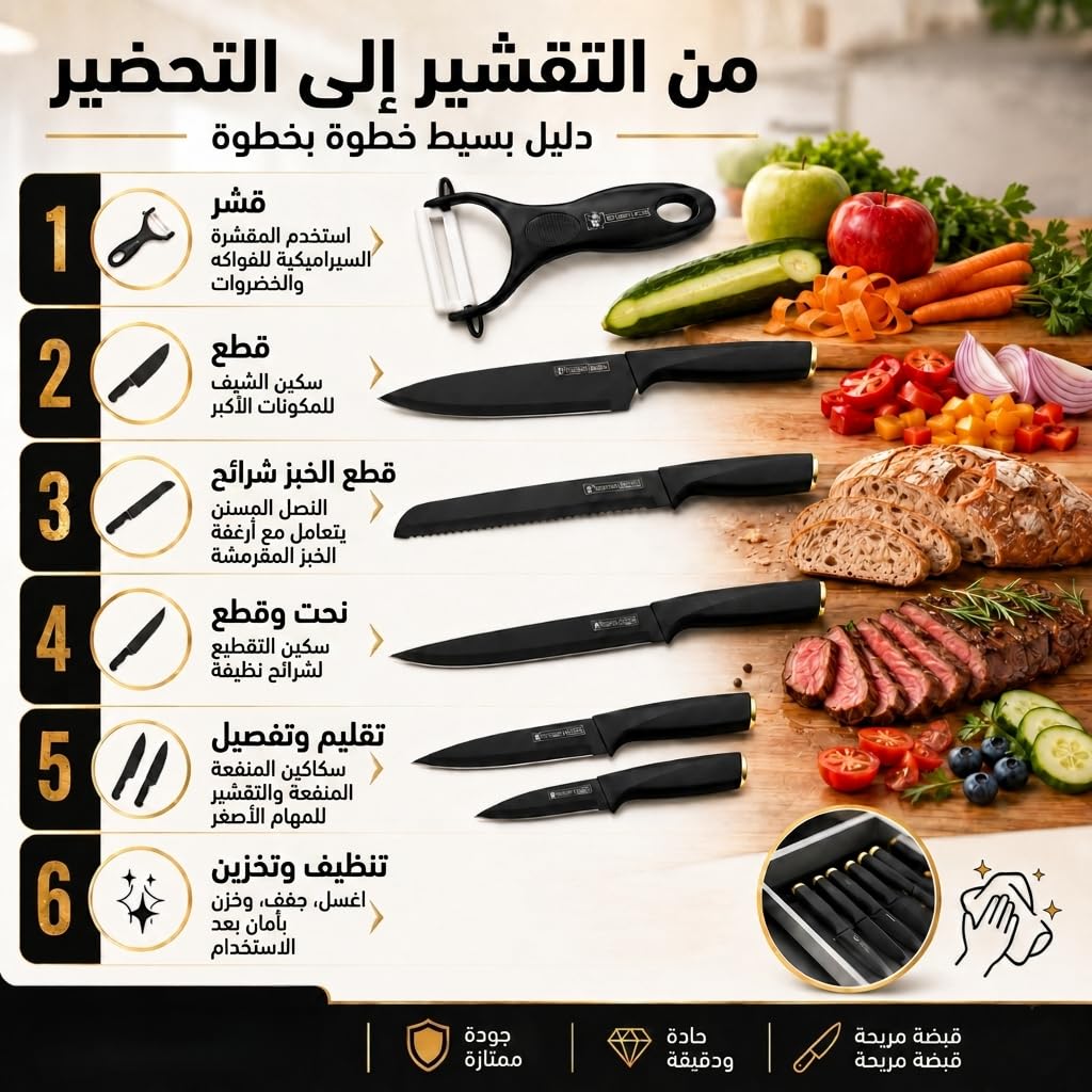 Kitchen Knife Set 6 Piece, Marble-Coated Non-Stick Cooking Knives with Chef, Bread, Slicing, Utility and Paring Knives for Food Preparation, H-736 - image 5