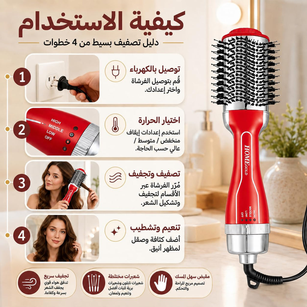 Hair Dryer Brush 1200W Hot Air Styler, Blow Dry Volumizer with Mixed Bristles, Swivel Anti-Knot Cord, One Step Styling, Red, HG-1917 - image 5