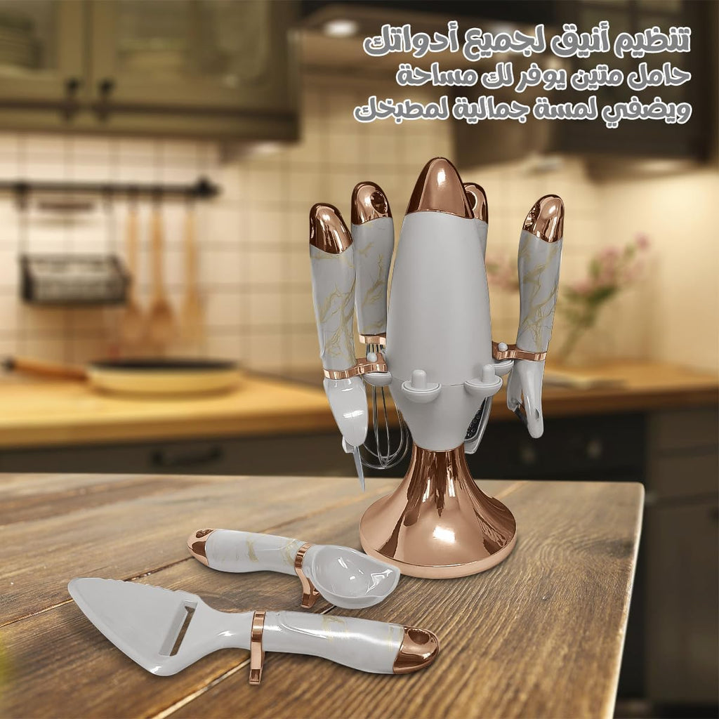 Kitchen Utensils Set 7 Pieces, Stainless Steel Cooking Tools with Holder, Whisk and Grater for Cooking, Serving, Mixing and Baking (White) - image 3